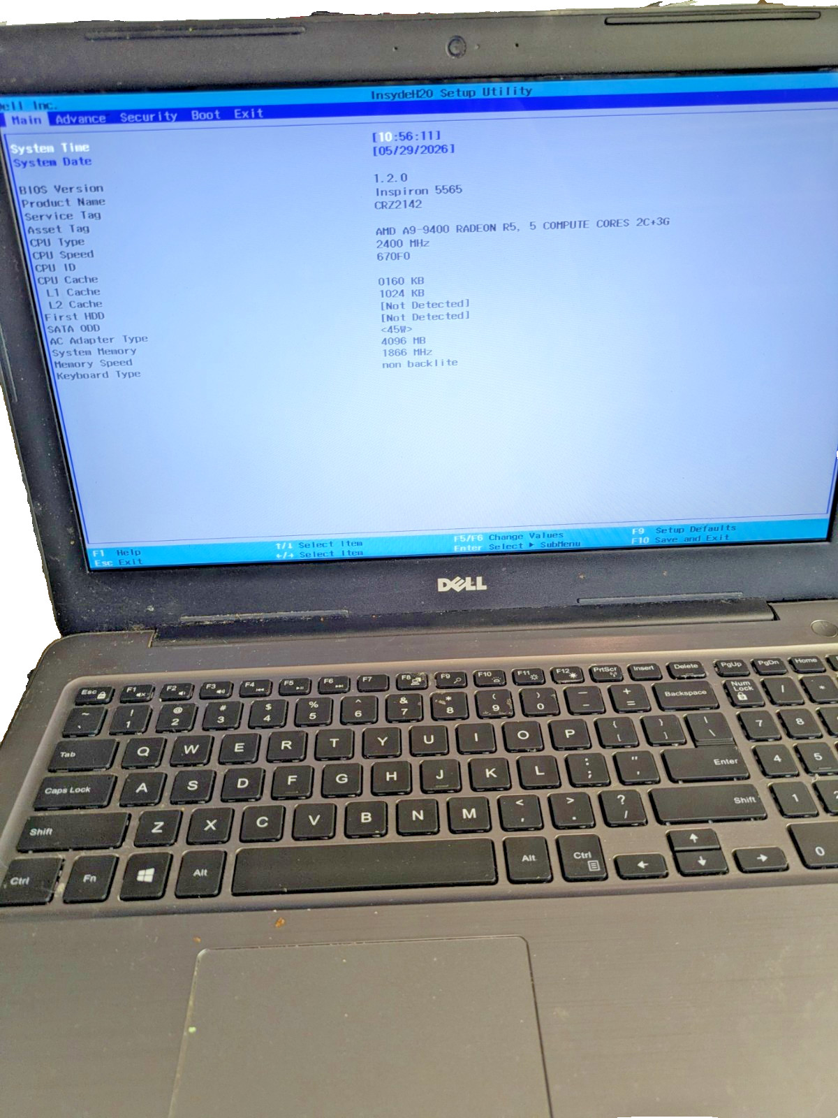 DELL INSPIRON 5565 – BOOTS TO BIOS – AMD A9 9400P-4GB RAM -No Optical, SSD