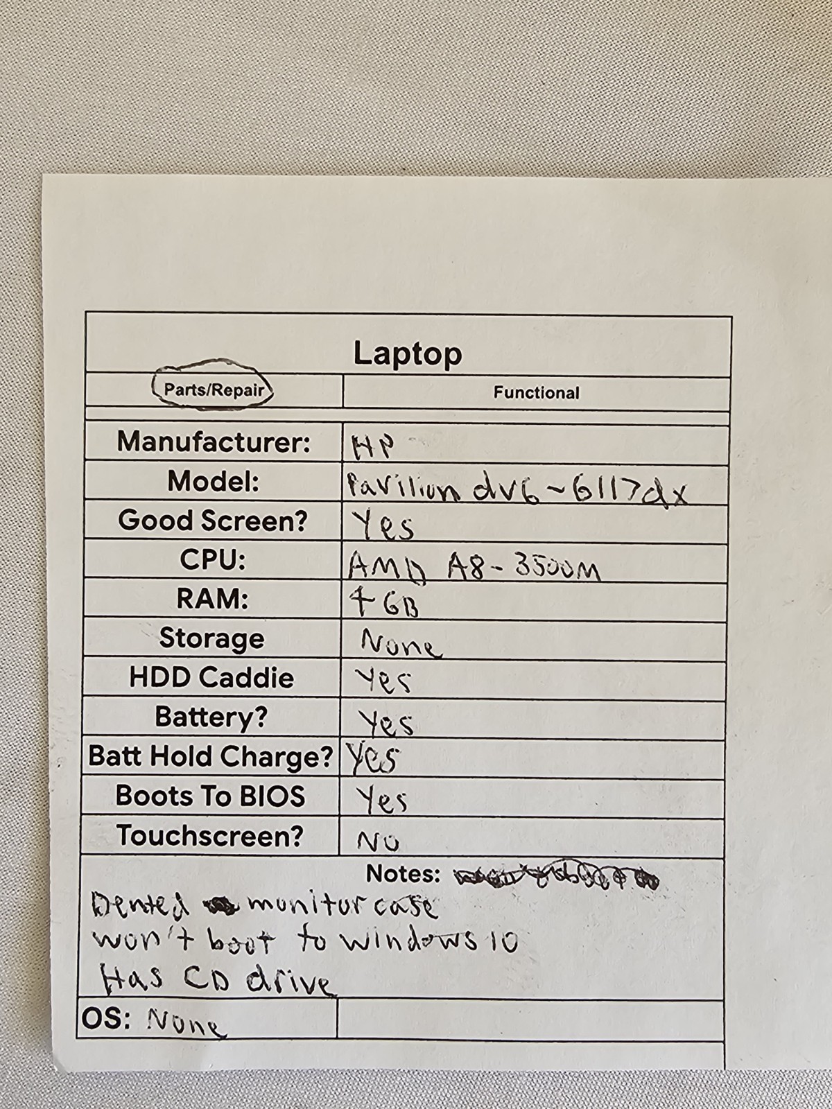 HP Pavilion dv6-6117dx Laptop – AMD A8-3500 – 4GB RAM – NO HDD/OS – Parts – READ