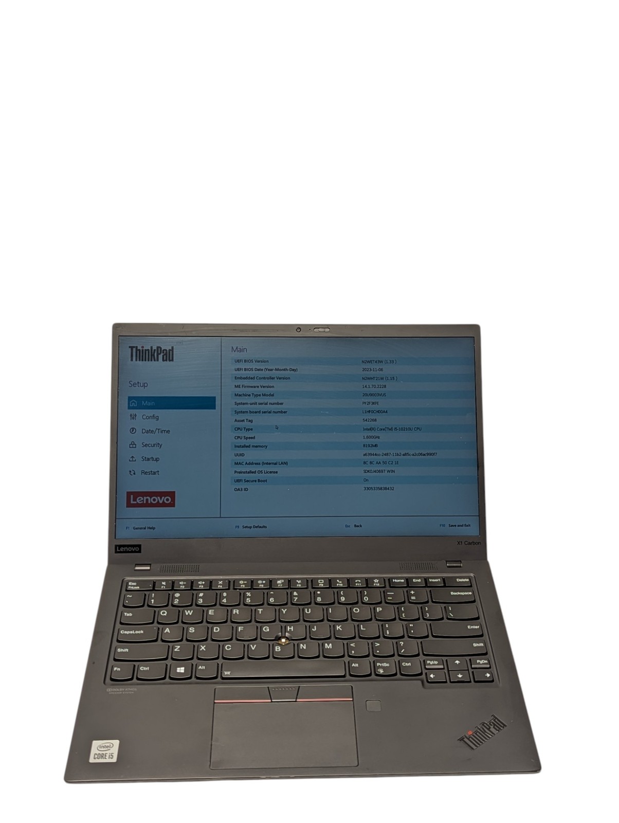 Lenovo Thinkpad X1 Carbon Gen 8 i5 14″ 1.6Ghz 8GB RAM 256GB SSD Grade D