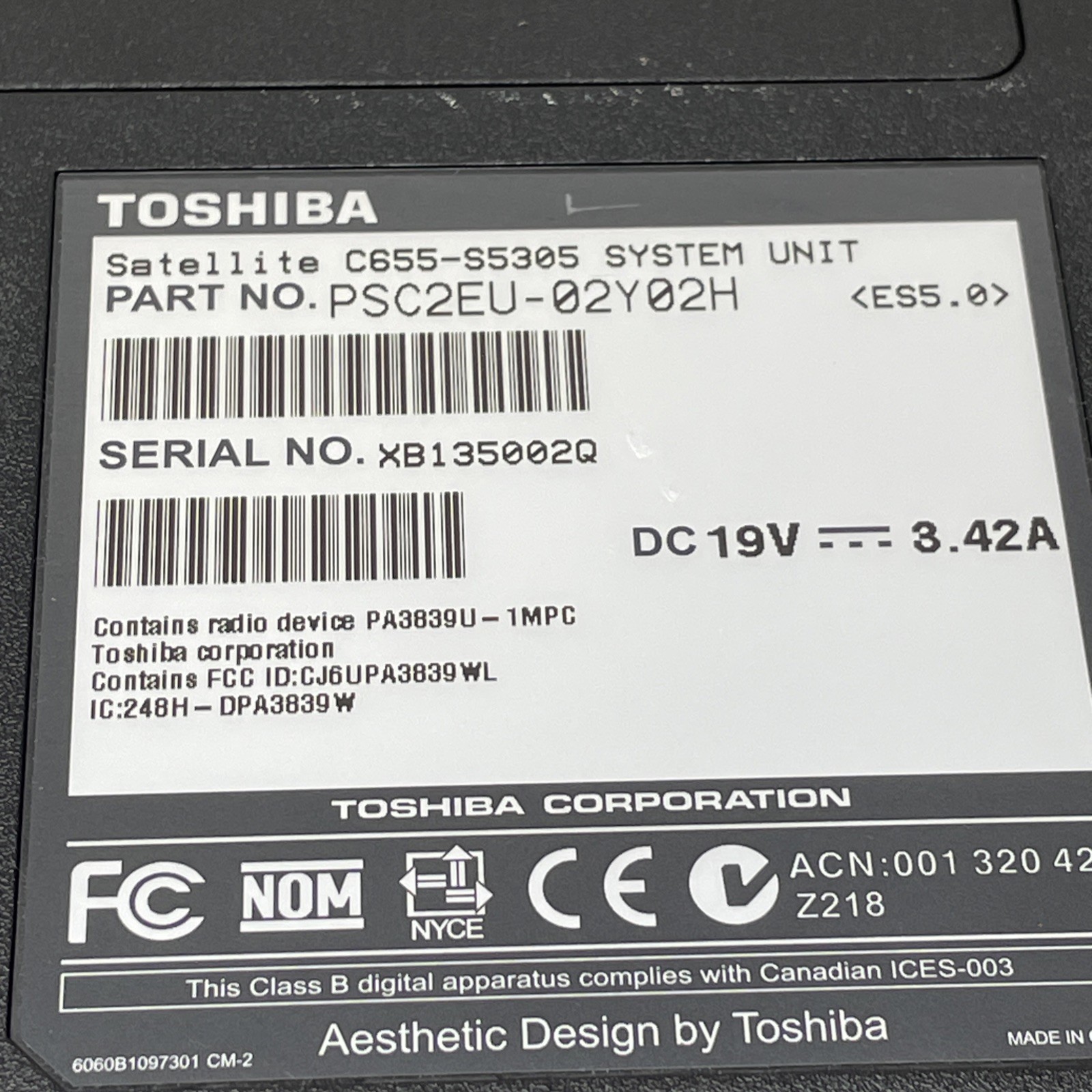 Toshiba C655-S5305 i3-2330M 4GB RAM 320GB HD 15” Windows 7 No Battery