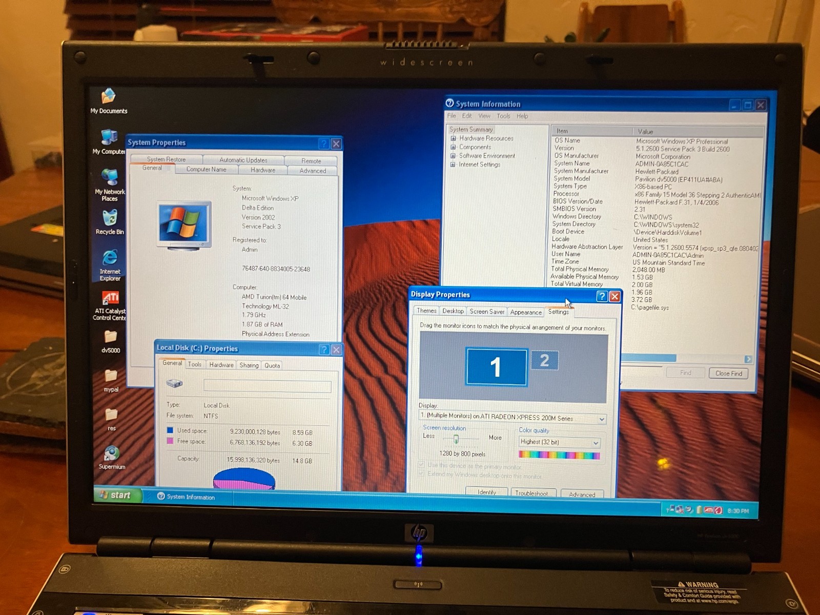 HP Pavilion DV5000 Laptop Turion 64 1.79Ghz 2GB RAM 16GB SSD Win XP Wifi ATI GPU