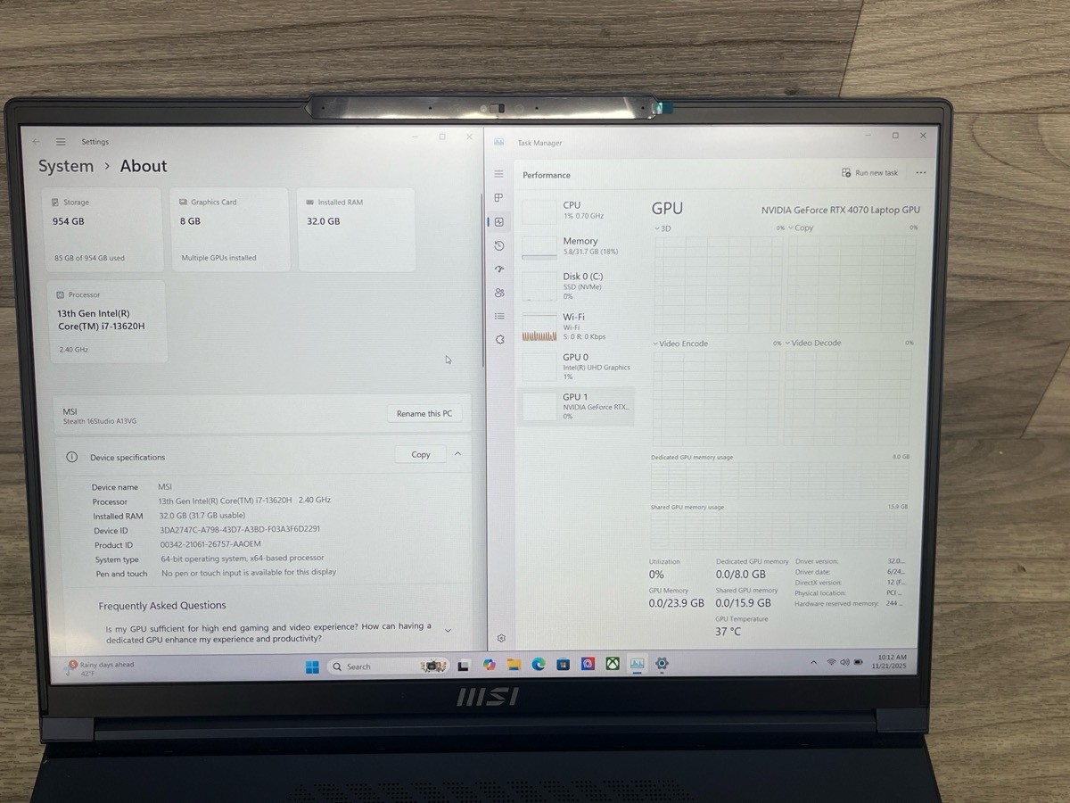 MSI Stealth 16 Studio A13V – Intel i7-13620H – RTX 4070 – 16GB RAM – (A1D027544)