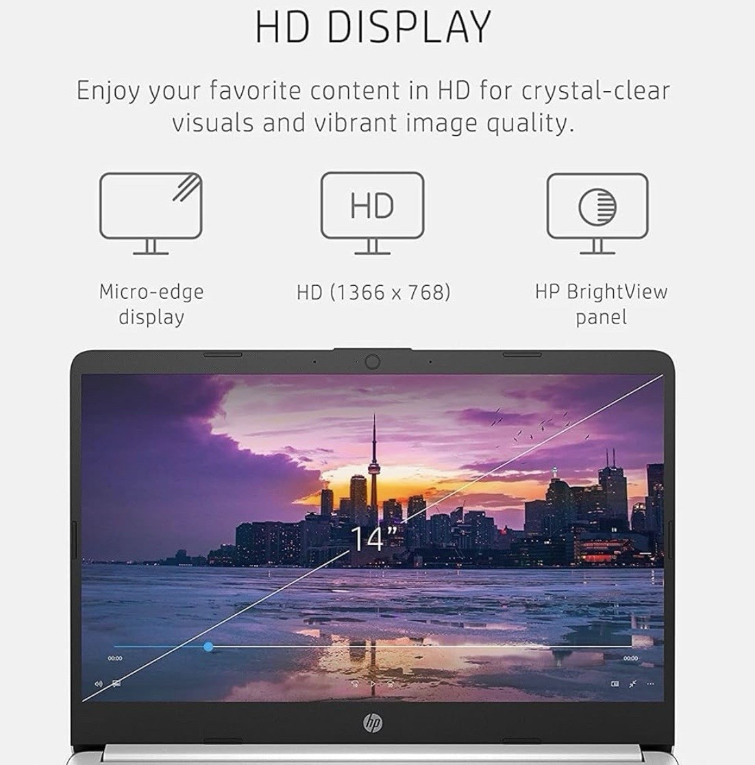 HP 14″ Notebook Laptop White HD Display Fast-Charging Webcam USB Type-C HDMI