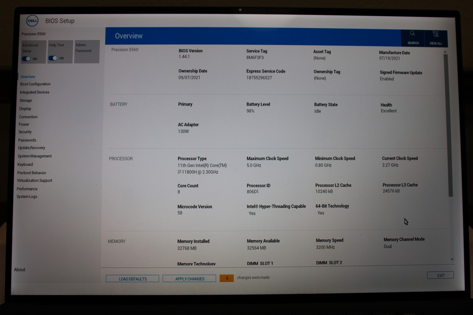 Dell Precision 5560 Laptop i7-11800H 32GB RAM 512GB NVMe RTX A2000 4K Touch
