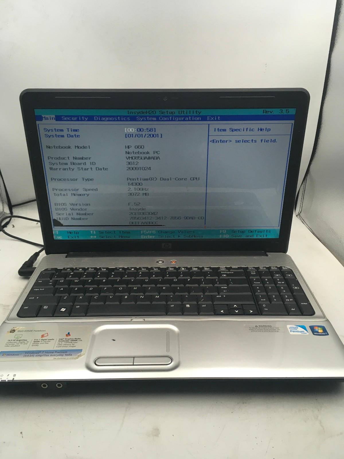 HP G60 NOTEBOOK – BOOTS TO BIOS – INTEL PENTIUM DUAL CORE – 3GB RAM – READ – BB