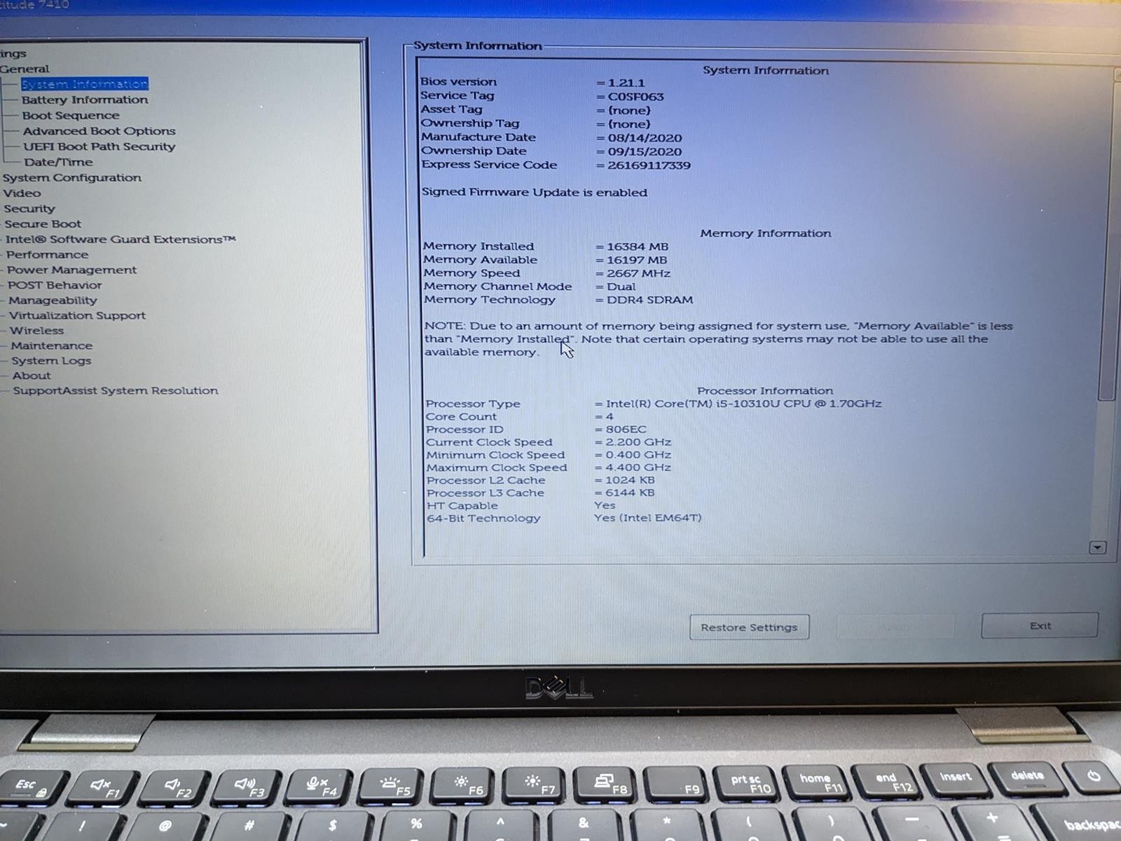 DELL LATITUDE 7410 i5-10310U @ 1.70 GHz, 16 GB RAM, NO HDD/OS