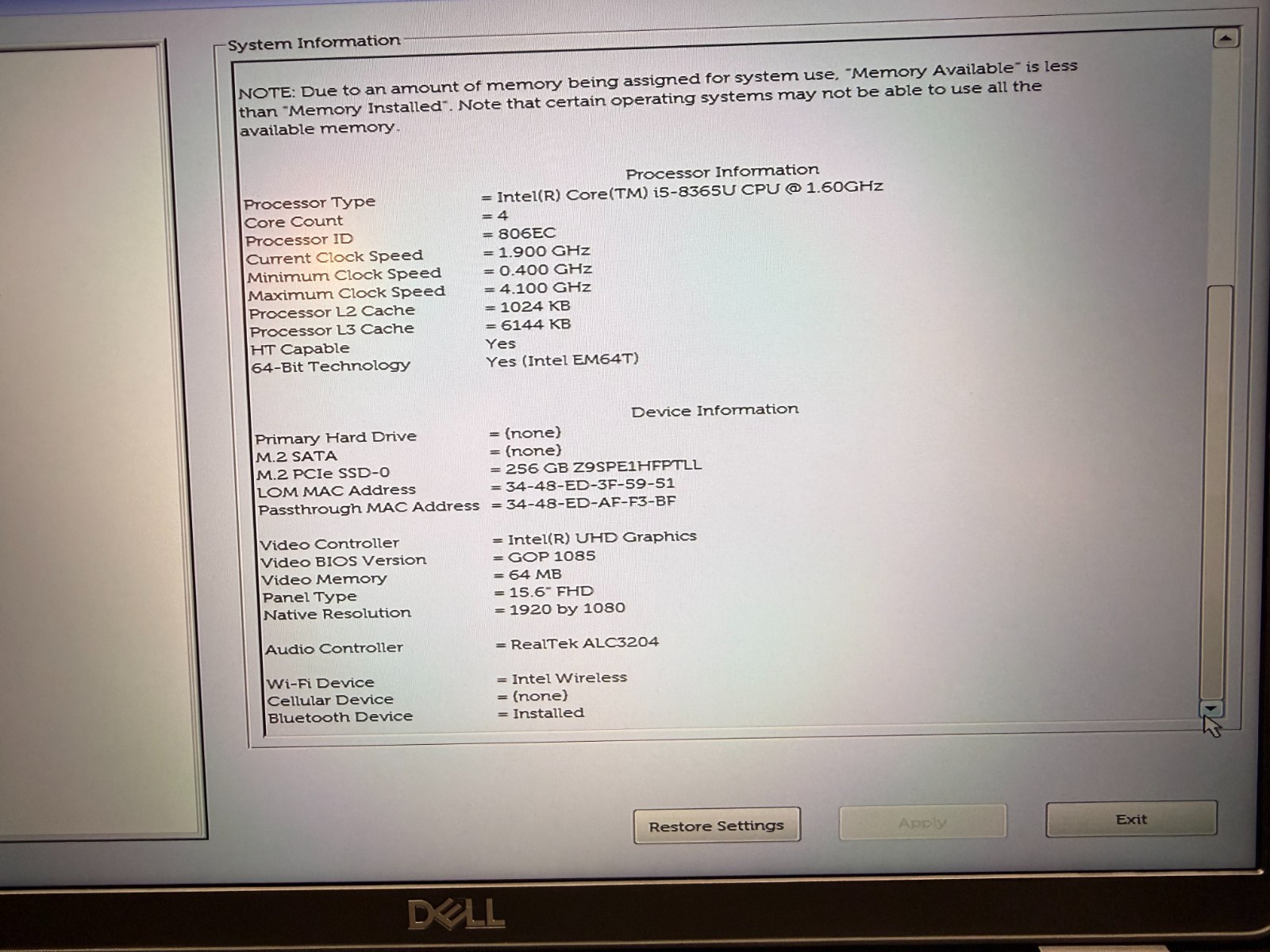 Dell Latitude 5500 15.6″ FHD i5-8365U 8GB RAM 256GB M.2 NVME SSD Win 11 Pro W/AC