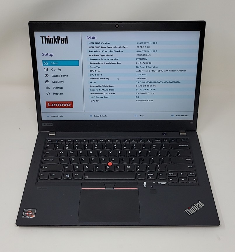 LENOVO ThinkPad T14 Gen 1 Laptop AMD RYZEN 5 PRO 4650U 16GB 256GB SEE NOTES