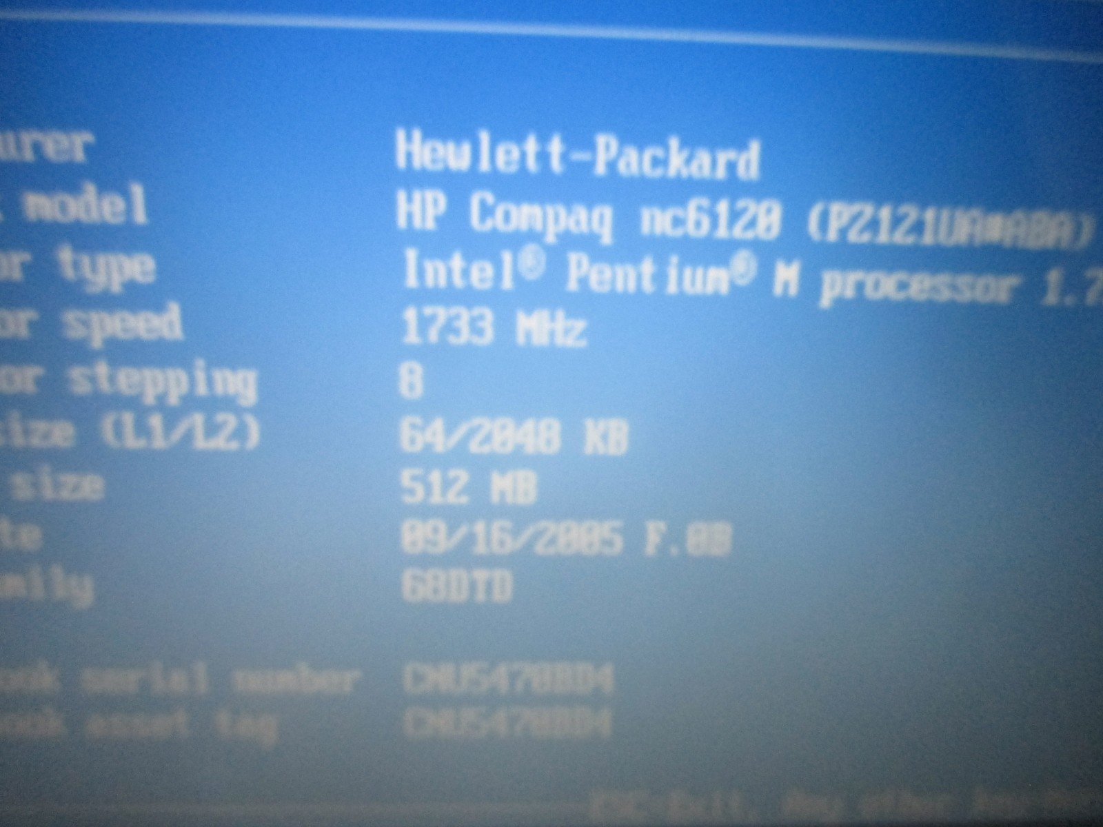 Vintage HP Compaq nc6120 1.73Ghz , 512MB Ram, DVDRW, NO HDD, ,BIOS BOOT, AS IS