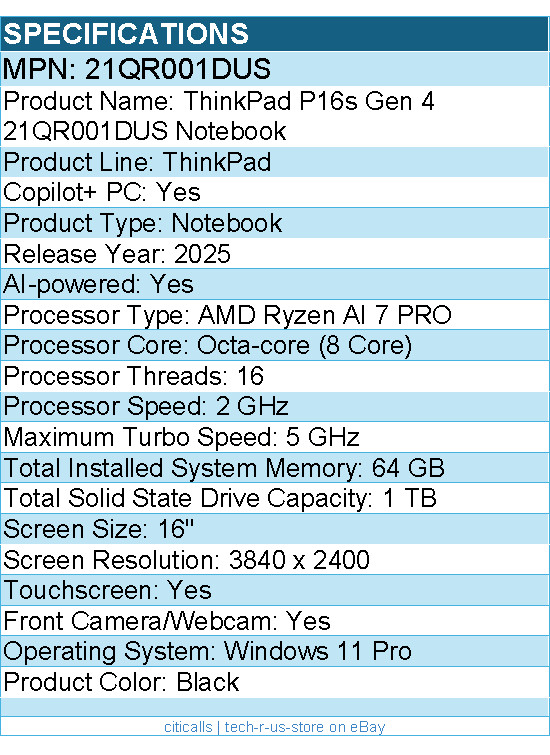 Lenovo 21QR001DUS ThinkPad P16s Gen 4 – 16″ Touchscreen Copilot+ PC Notebook