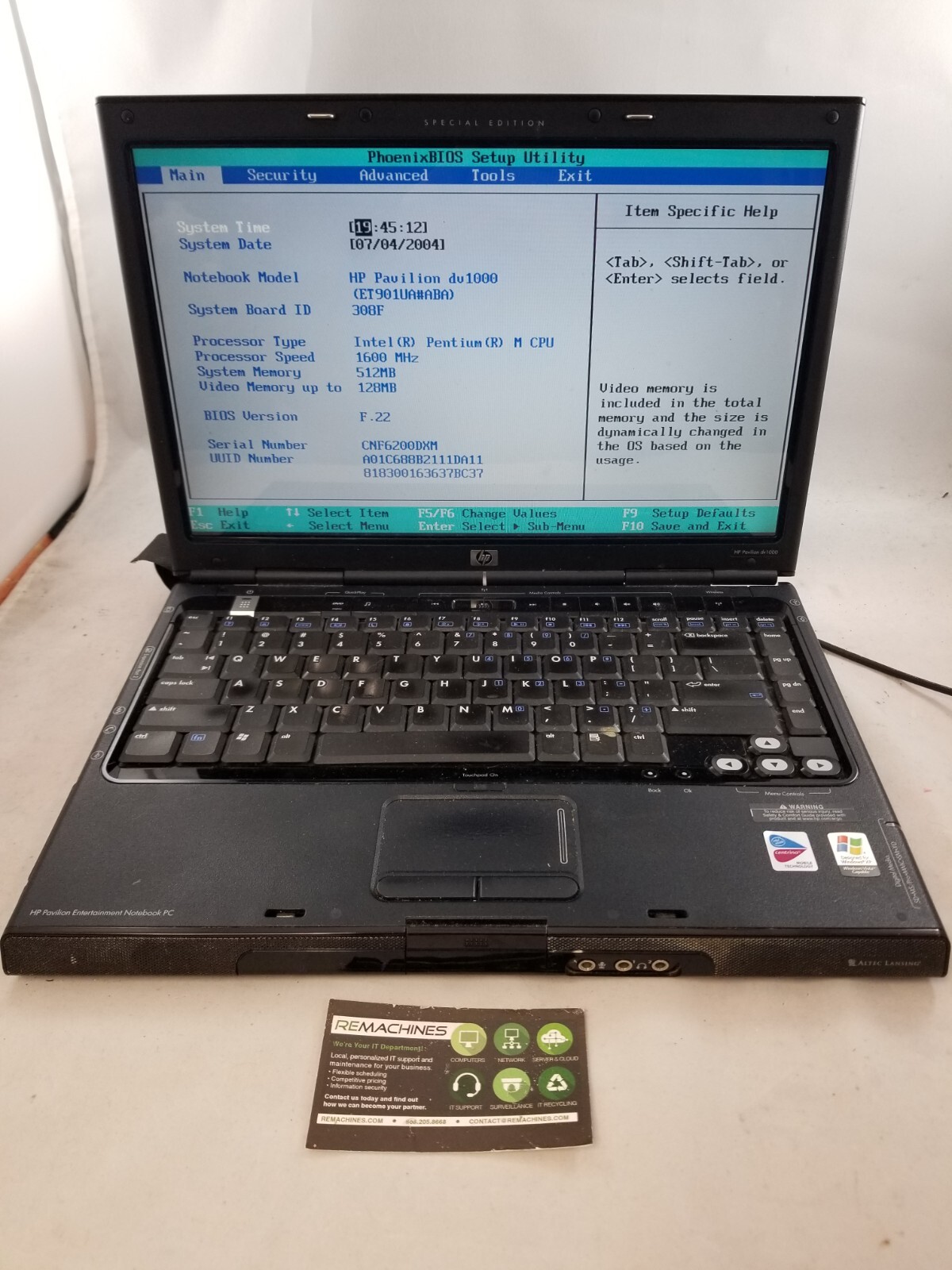HP Pavilion dv1000 Special Edition 14.1″ Laptop Pentium M 1.6GHz 512MB 80GB Read