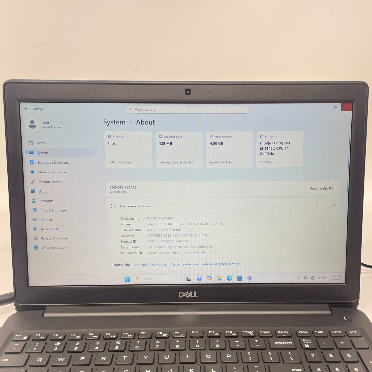 Dell Latitude 3500 Core i3 8145U @ 2.10GHz 4GB DDR4 500GB 2.5 SATA3 Win11x64Pro
