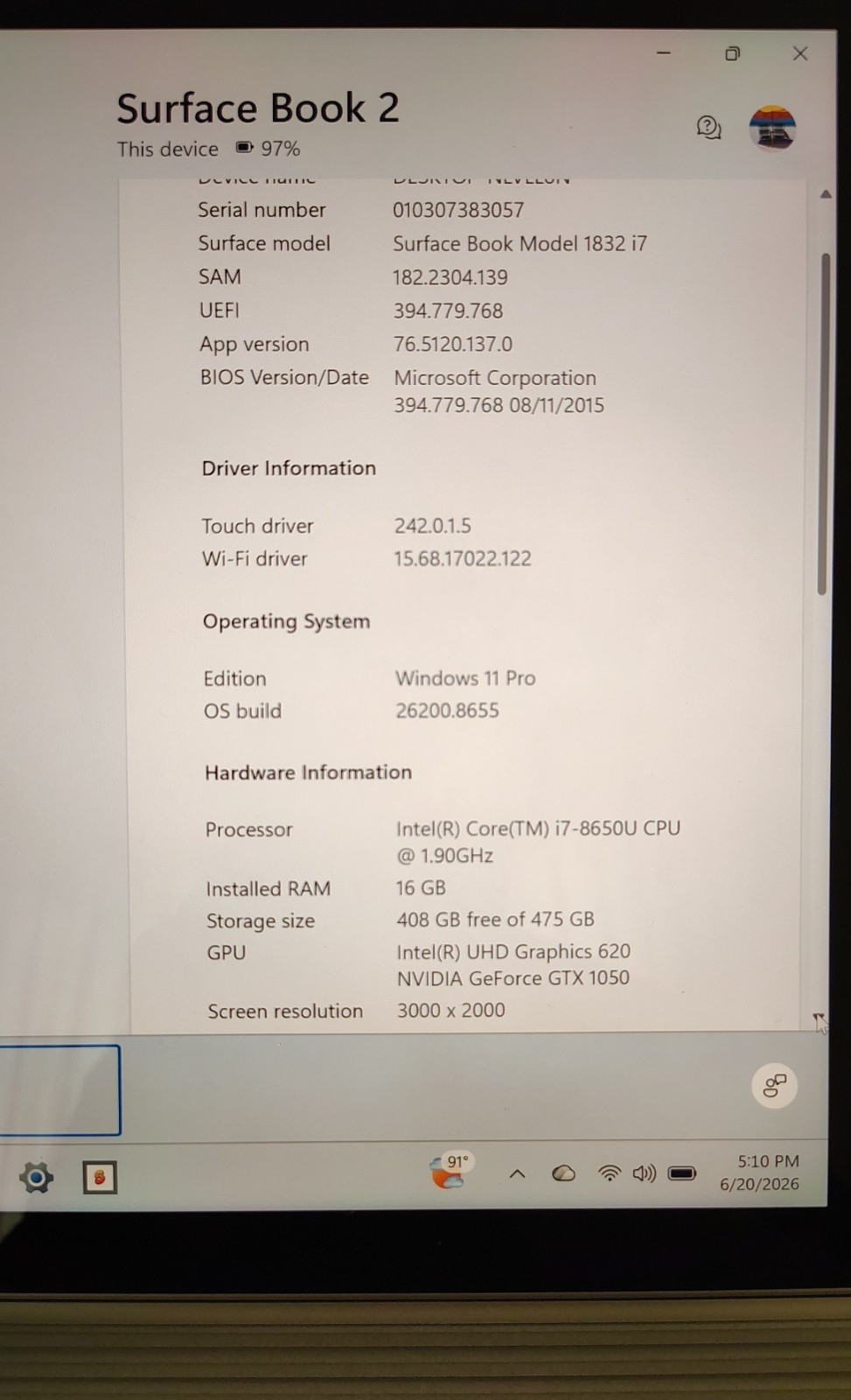 Microsoft 13.5″ Surface Book 2 i7-8650U 16GB 512GB SSD NVIDIA GeForce Win 11 Pro