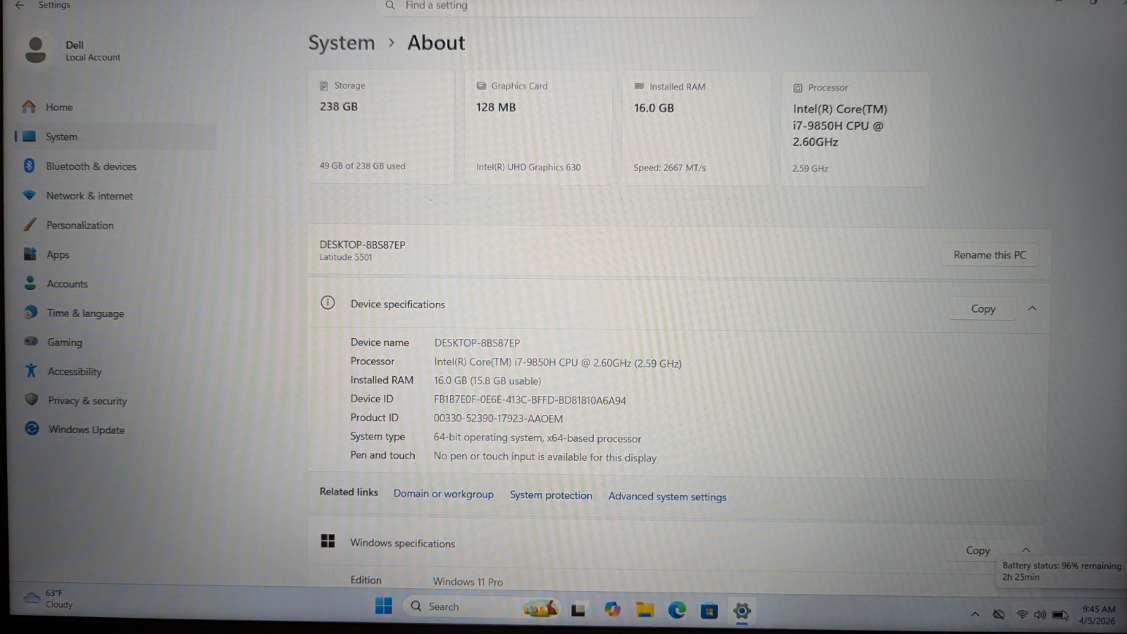 Dell Latitude 5501 15.6″ Laptop Core i7-9850H 2.60Ghz 16GB RAM 256GB Win 11 Pro