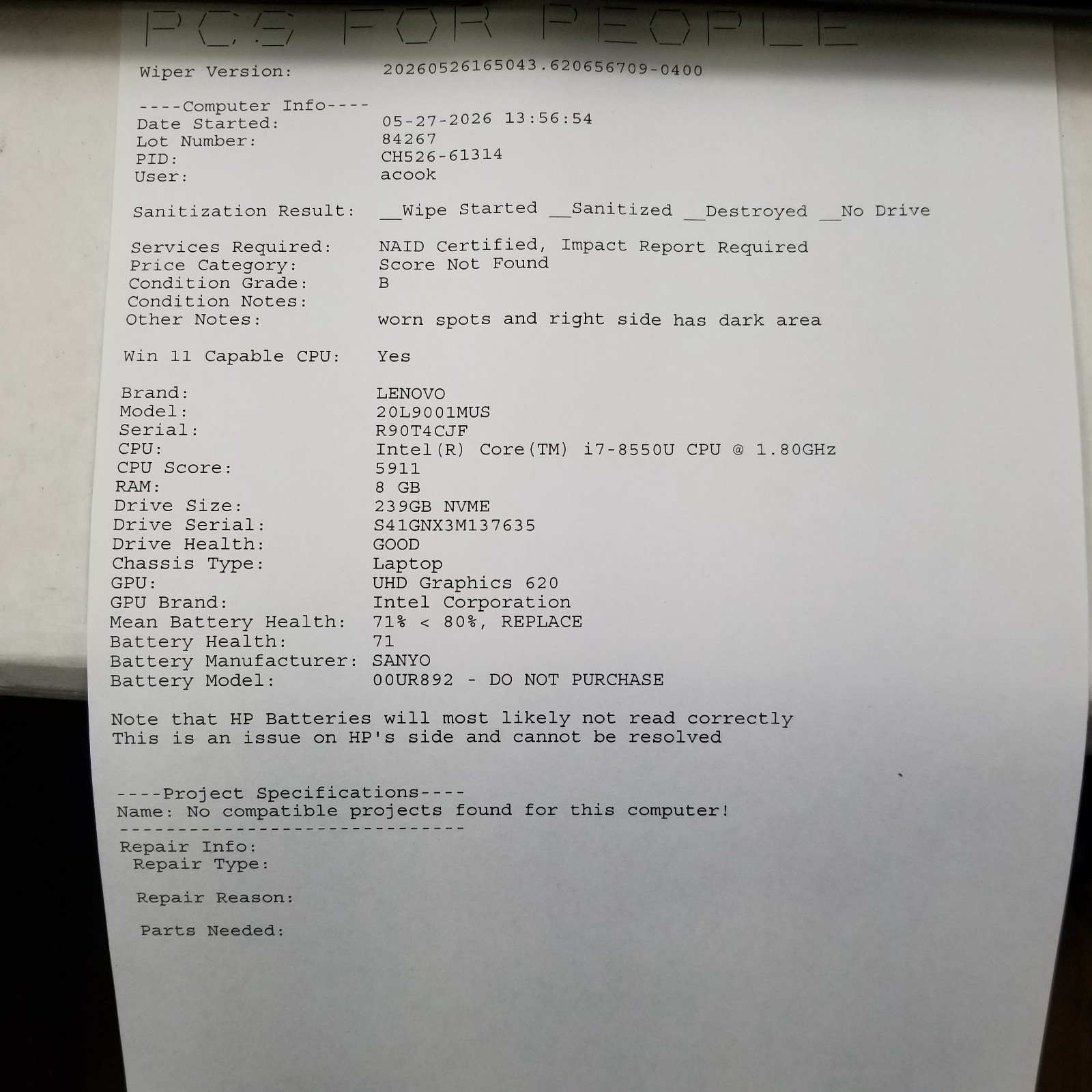 Lot of 7 Lenovo ThinkPad T580 Mixed Specs i5 / i7 for Parts or Repair *Read*