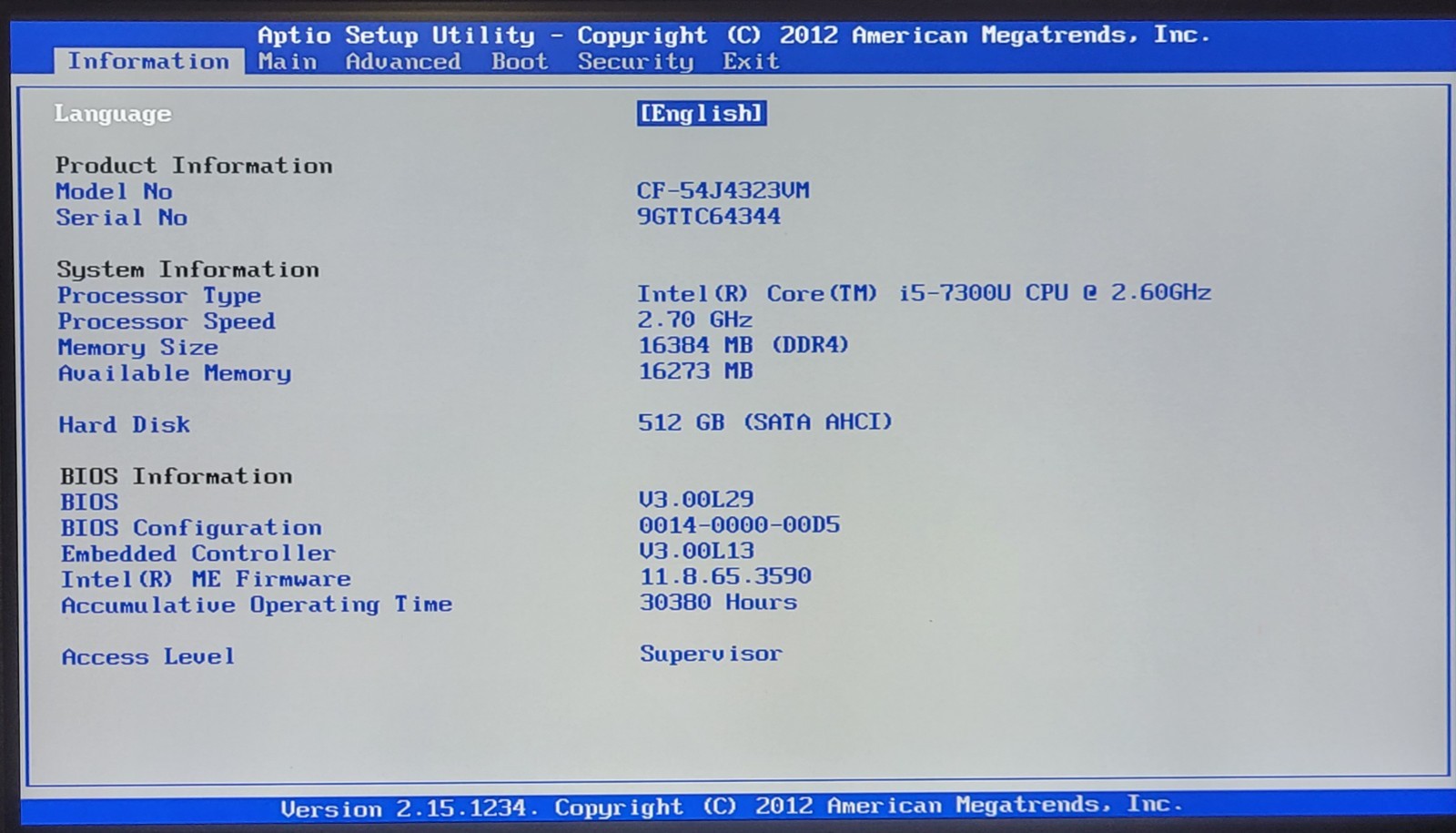 Panasonic ToughBook CF-54 MK3 Touch, i5-7300U 2.60GHz 16GB 512GB SSD Win 11 Pro