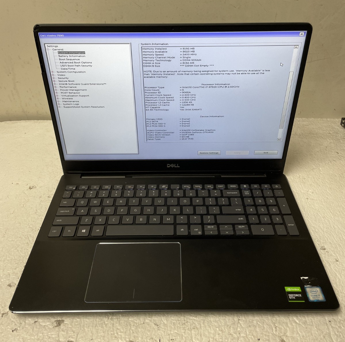 Dell Vostro 7590 Core Intel i7-9750H @2.60GHz 8GB RAM NO SSD For Parts *READ