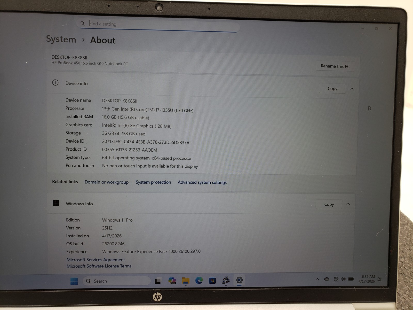 HP ProBook 450 G10 Core i7-1355U 16GB RAM 256GB SSD 15.6″ Laptop PC Win 11 Pro.