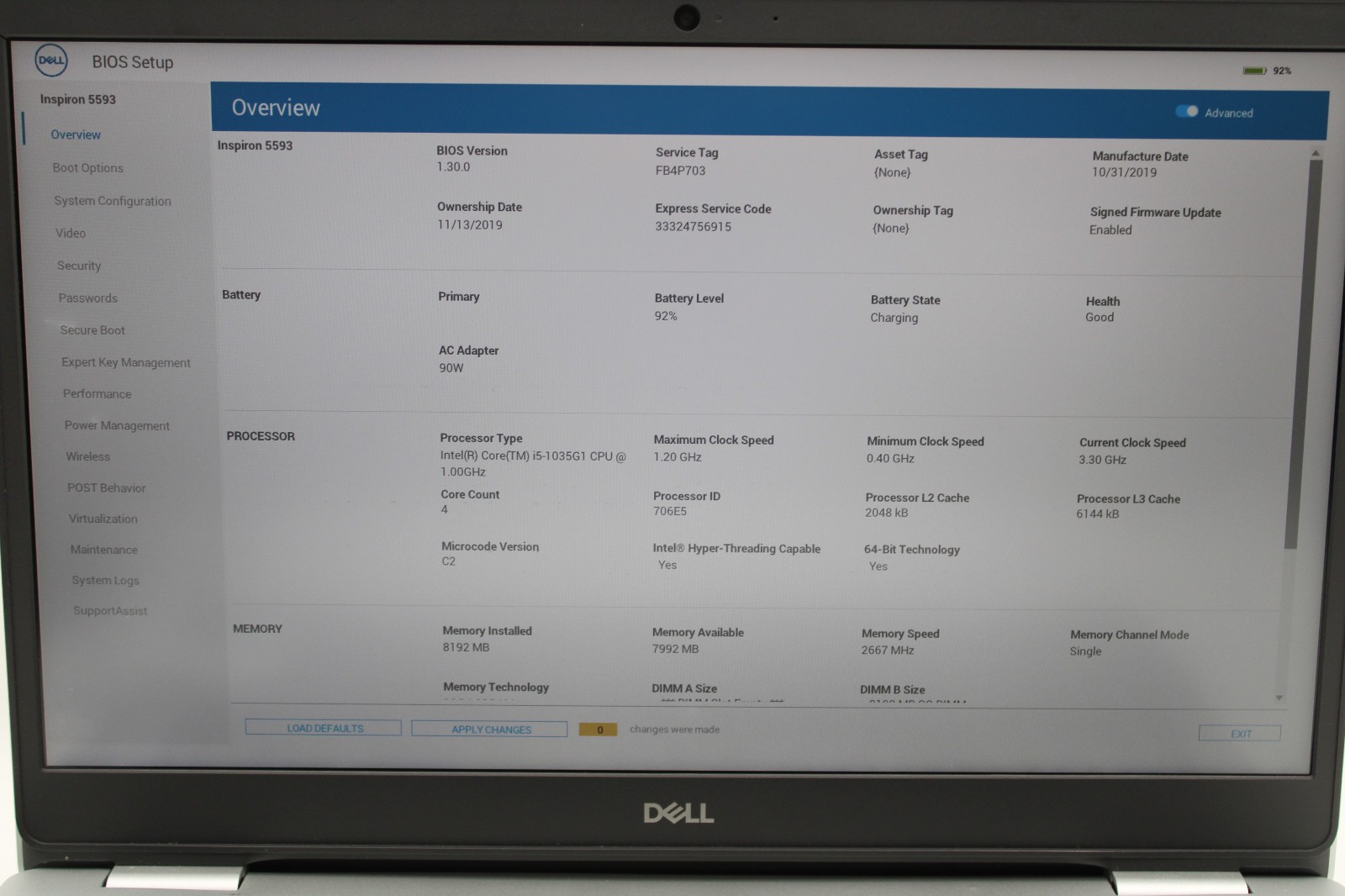 Dell Inspiron 5593 i5-1035G1 @ 1.00 GHz 8GB RAM 240GB SSD No OS *READ