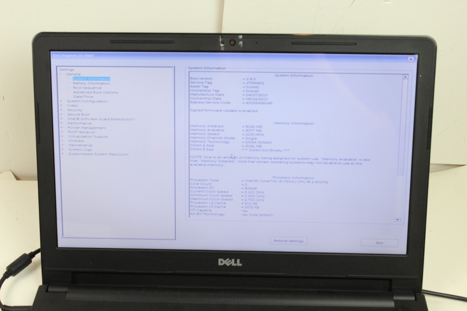BAD BAT AS IS Dell Inspiron 3567 15.6″ Intel Core i5-7200U 2.50GHz 8GB RAM 500GB