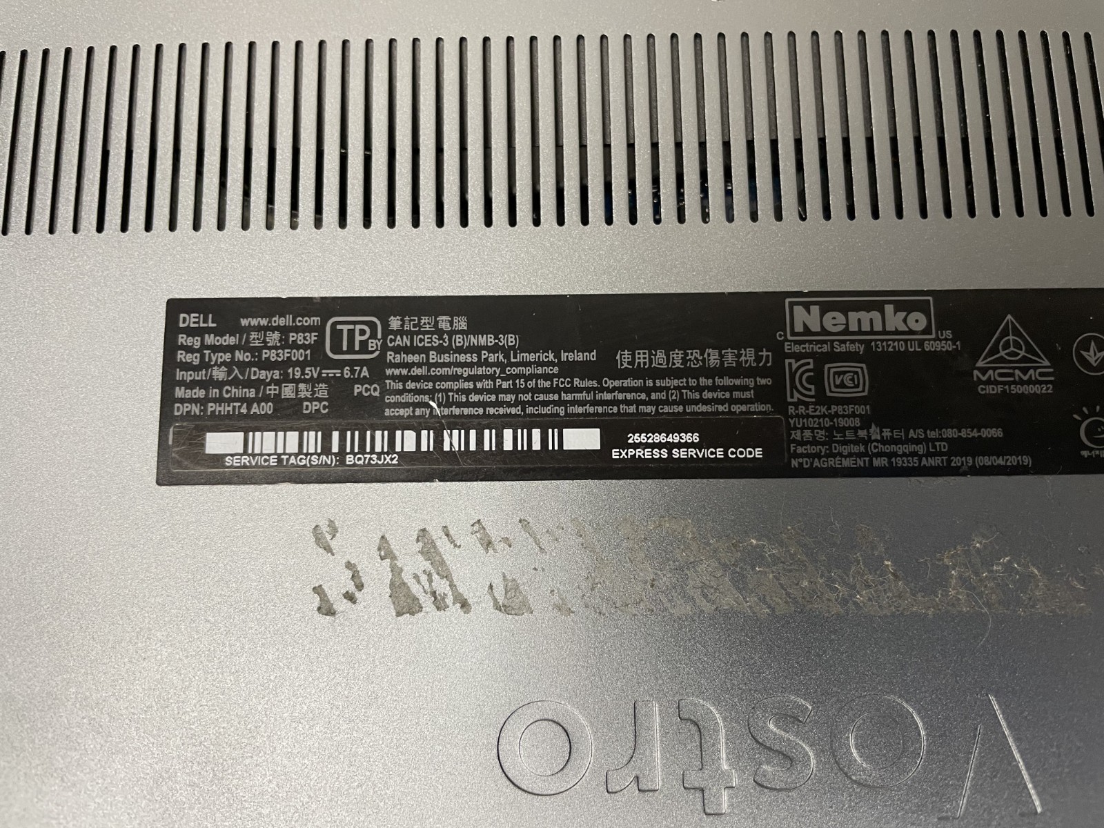 Dell Vostro 7590 15.6” Core Intel i7-9750H @2.60GHz 8GB RAM NO SSD For Parts