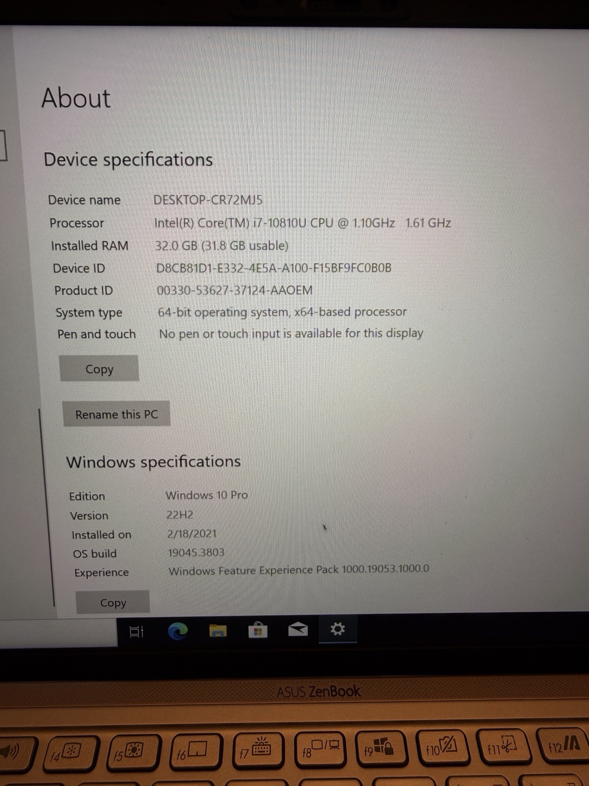 ASUS ZenBook 14 UX434FA i7-10810U 32GB RAM 512GB SSD Win10 Pro Tested（01）