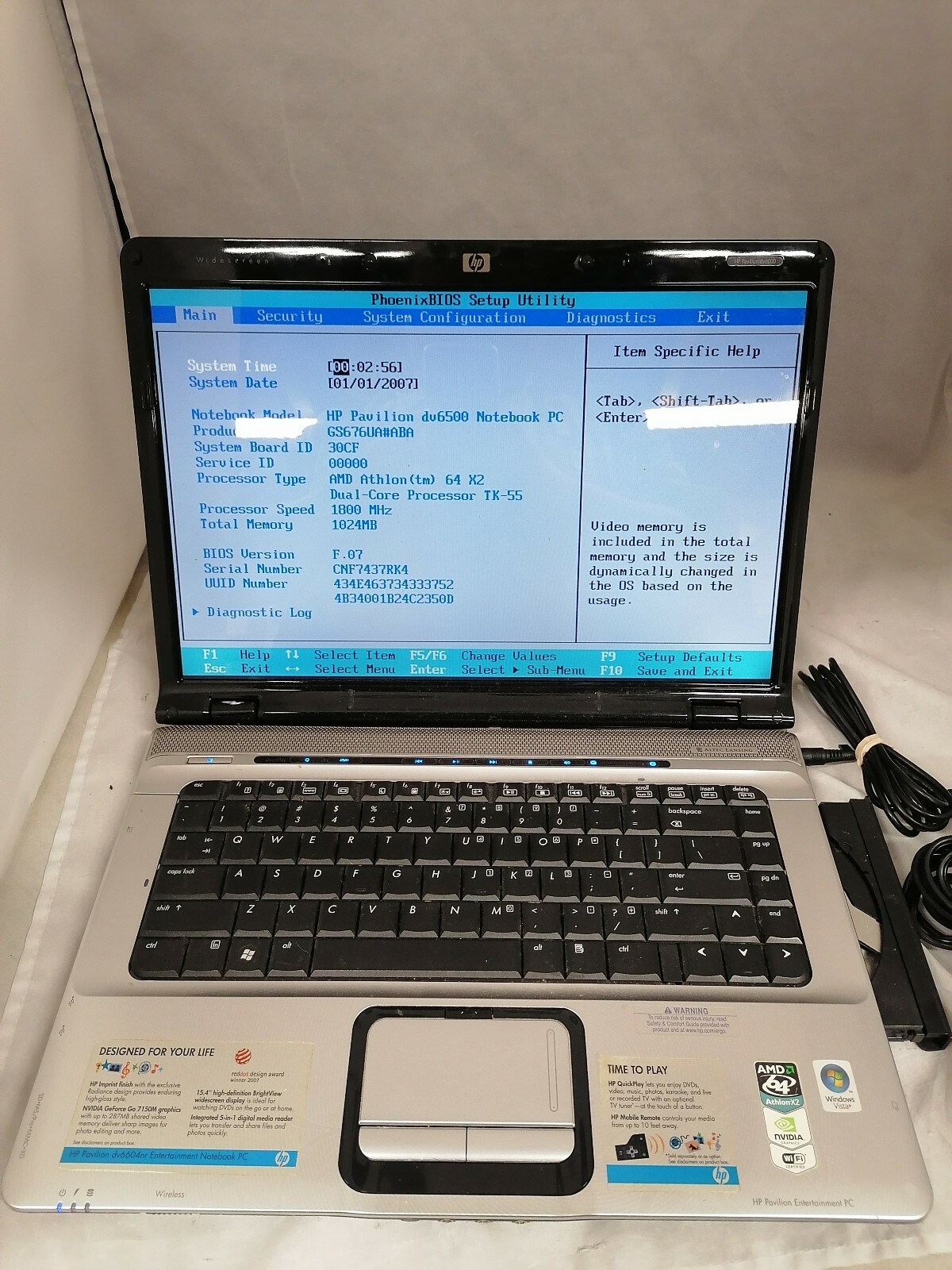 HP dv6604nr AMD TK-55 1GB DDR2 800MHz No HDD No Battery No Charger Video Issue