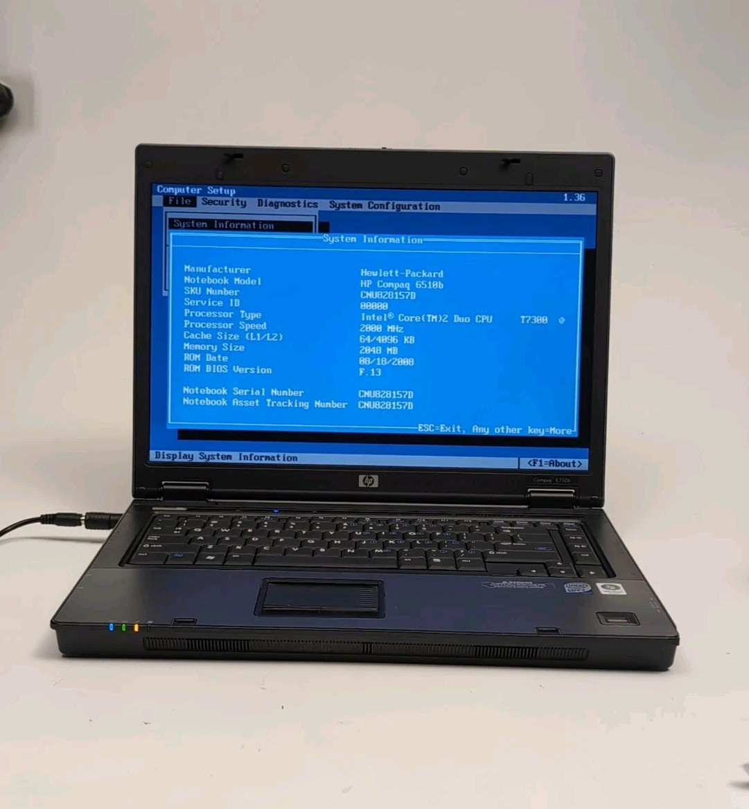 HP Compaq 6510b Intel Core 2 Duo 1.80 GHz 2GB RAM No HDD Boot to BIOS