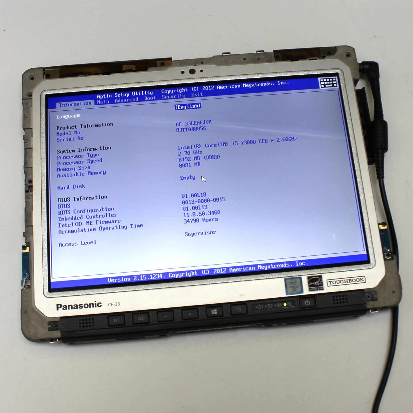 Panasonic Toughbook CF-33 Tablet MK1 I5-7300U 8GB, NO HD, NO BATTERY, NO ADAPTER