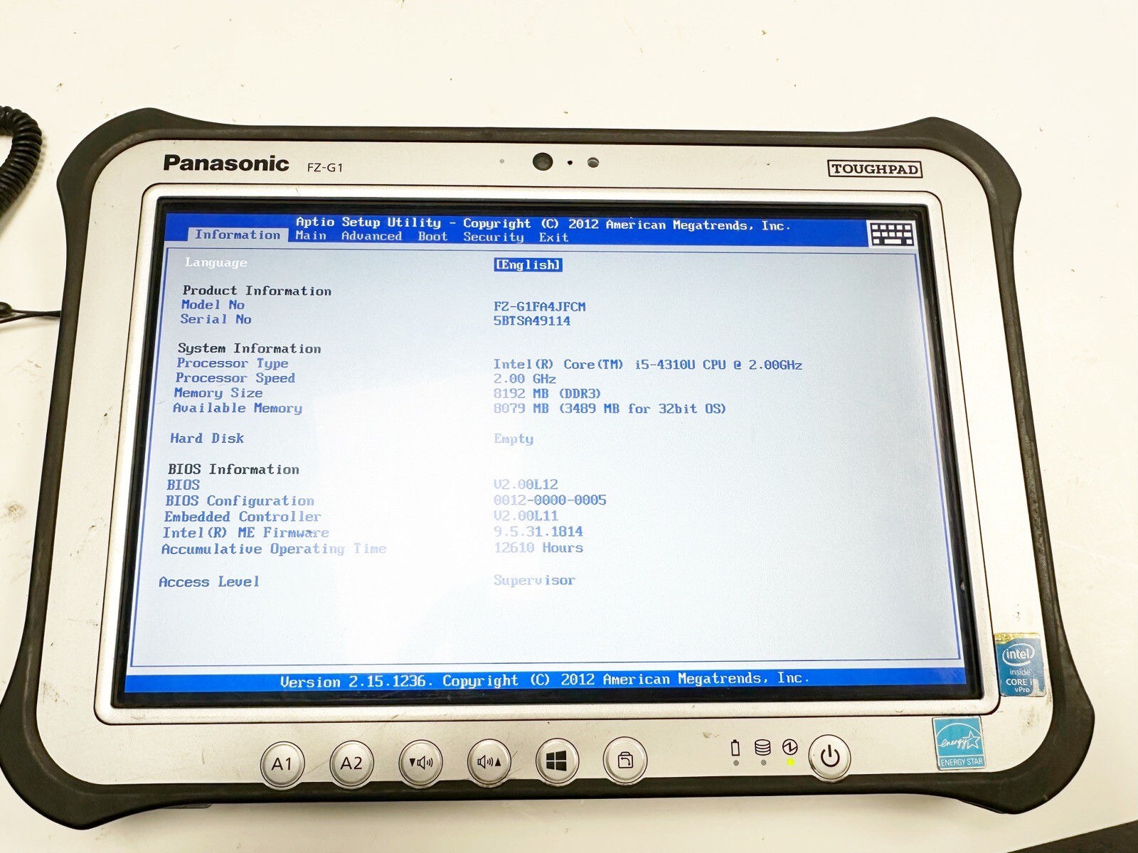 Panasonic Touchpad FZ-G1 i5-4310U, 2.0GHz 256GB NO HARD DRIVE