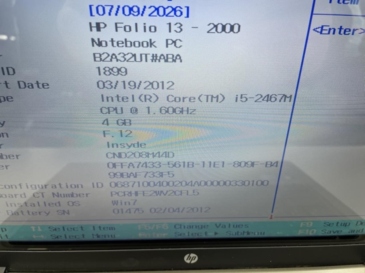 HP FOLIO 13 – 2000 Laptop w/ Intel Core i5-2467M 1.60 GHZ + 4GB No HD/OS