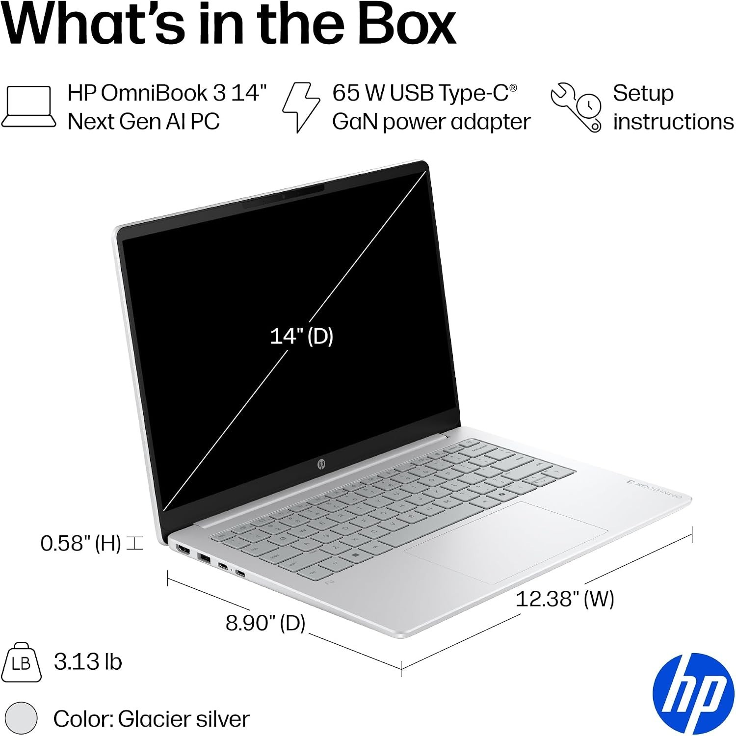 HP OmniBook 3 14 inch Next Gen AI PC, 2K Display, Snapdragon 14-hz0099nr