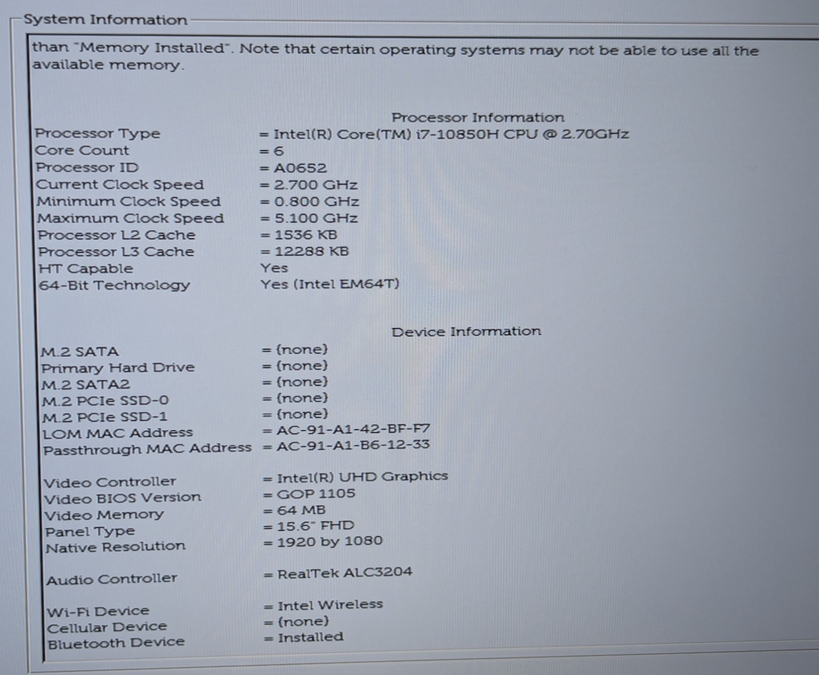 Incomplete Dell Latitude 5511 15.6″ Laptop i7-10850H 2.70GHz 8GB RAM – *READ*