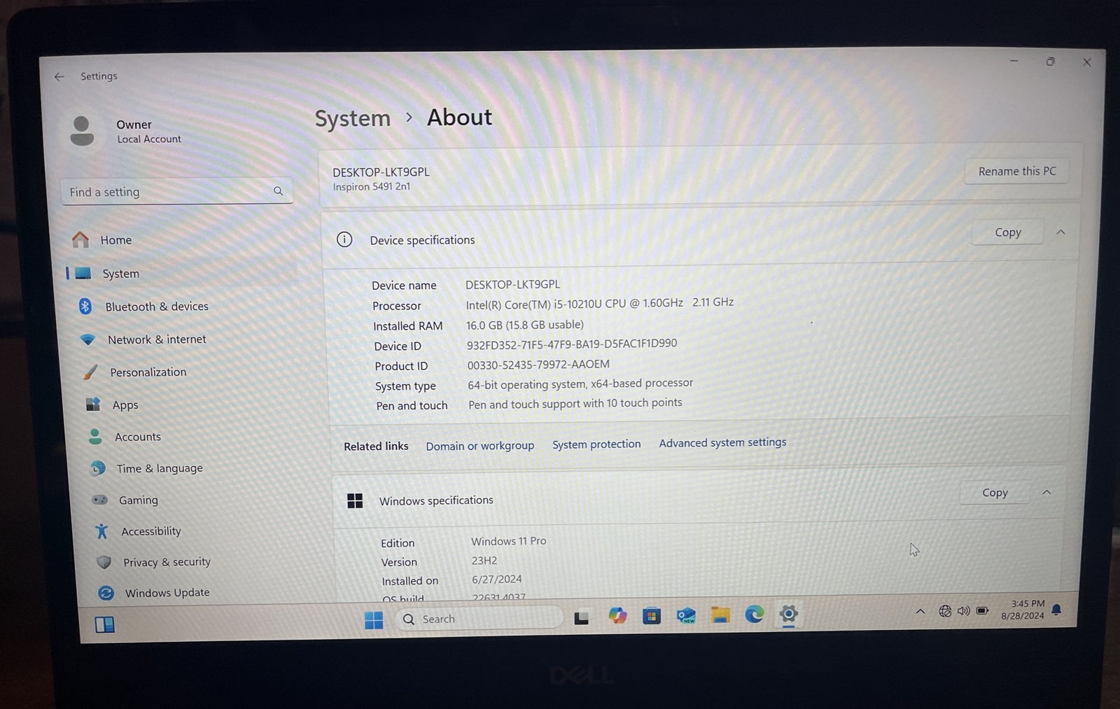 Dell Inspiron 5491 2-in-1 14″ i5-10210U@1.6GHz, 16GB RAM, 256 GB M2, Win 11 Pro