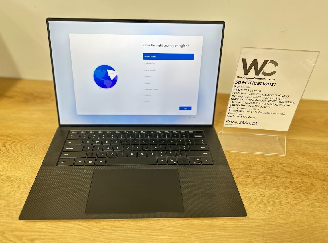 Dell XPS 15 9520, Core i9 12900HK, 32GB DDR5, Nvidia GeForce 3050Ti, 512GB SSD
