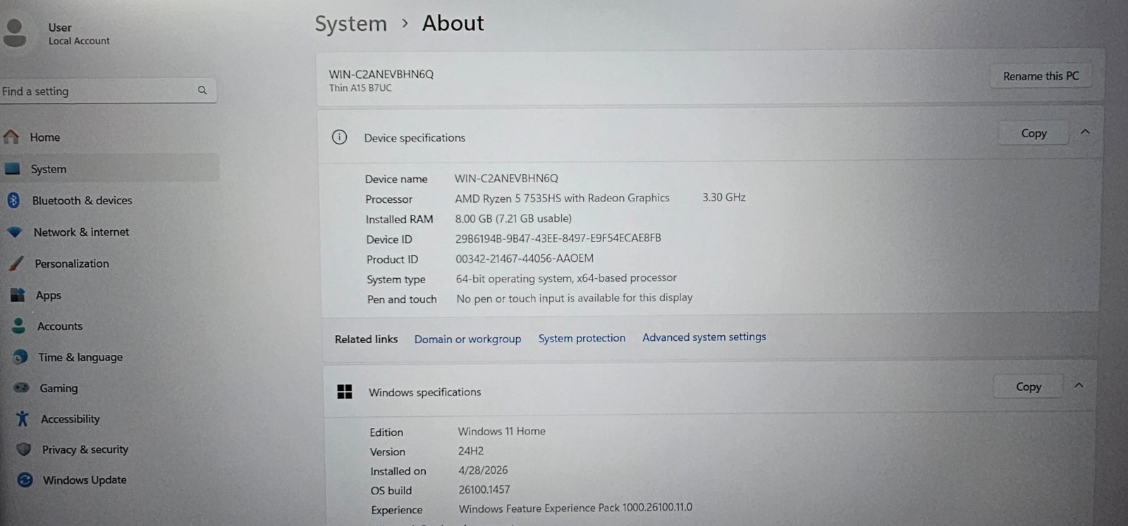 MSI Thin A15 B7UC-625US 15.6″ , Ryzen 5 7535HS, 8GB Ram, 512GB SSD, RTX 3050 4GB