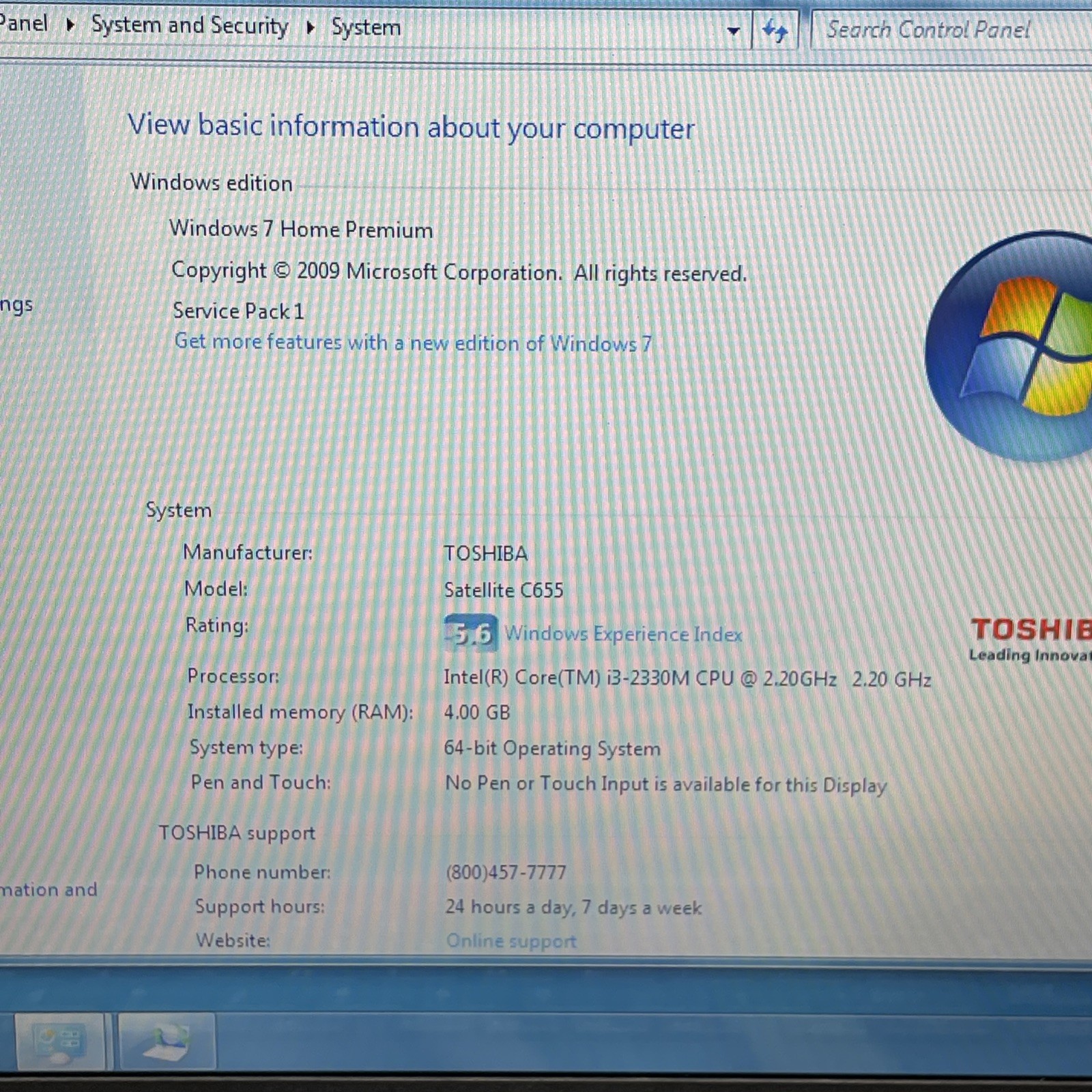 Toshiba C655-S5305 i3-2330M 4GB RAM 320GB HD 15” Windows 7 No Battery