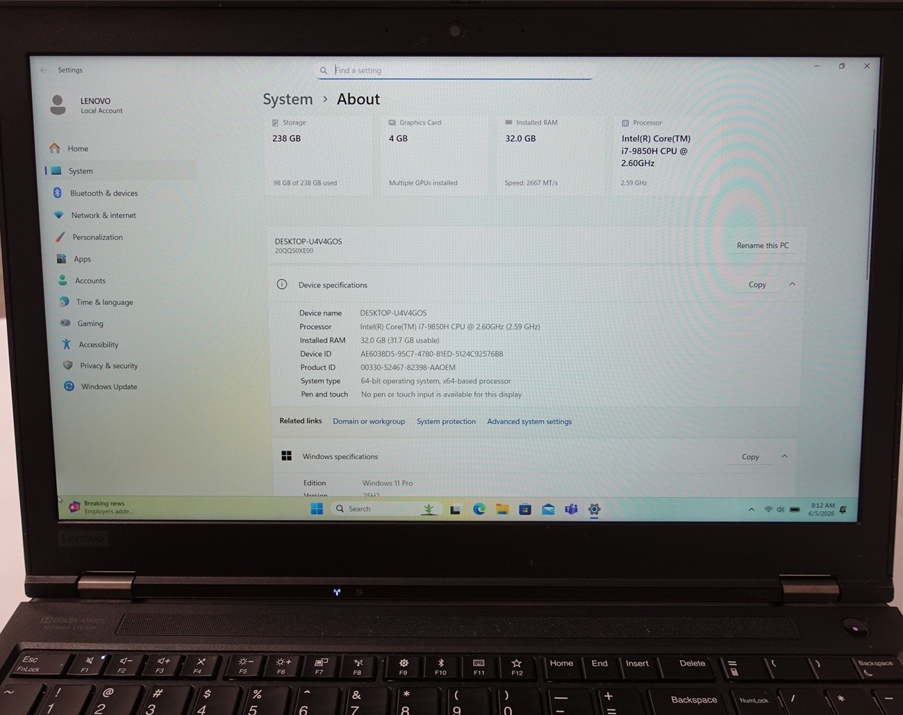 Lenovo ThinkPad P53 Intel Core i7-9850H 15.6″ 32GB RAM 256GB SSD Win11