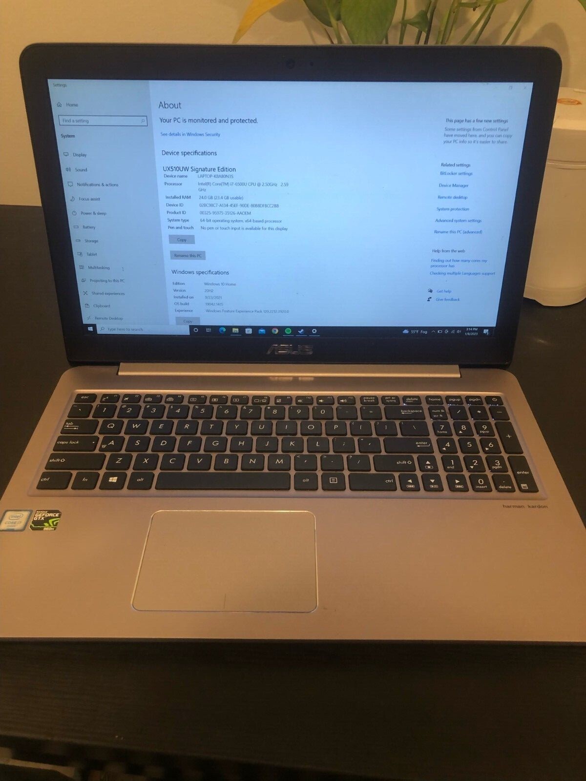 asus laptop UX510UW Intel i7 6500 @ 2.5 GHz 24Gb RAM 750Gb HDD Geforce GTX 960M