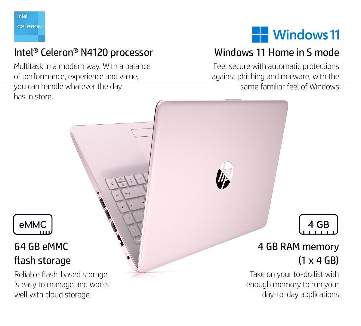 HP Stream 14″ HD Intel N4120 4GB RAM 64GB Pink Windows 11 S Mode + 1Yr Warranty