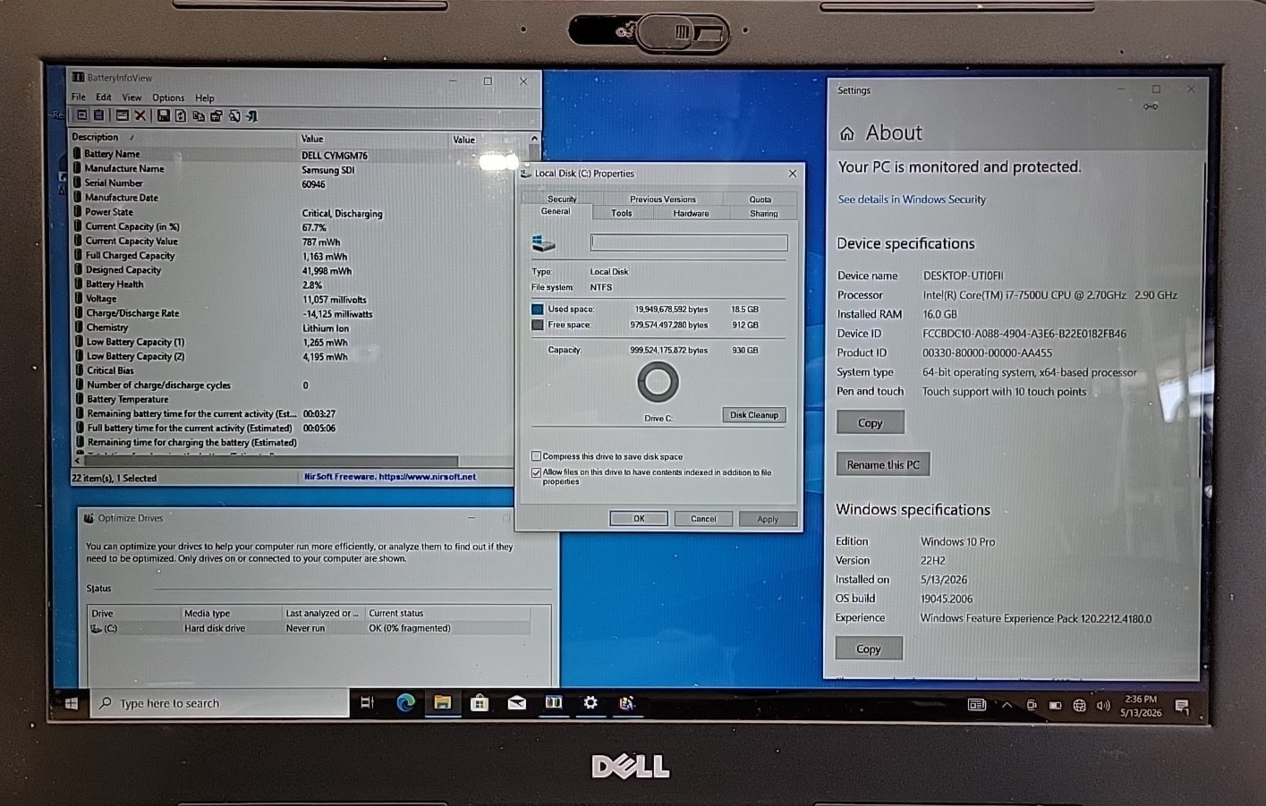 Dell Inspiron 5567, Intel Core i7-7500U @ 2.7GHz, 16GB RAM, 1TB HDD, W10P *READ*