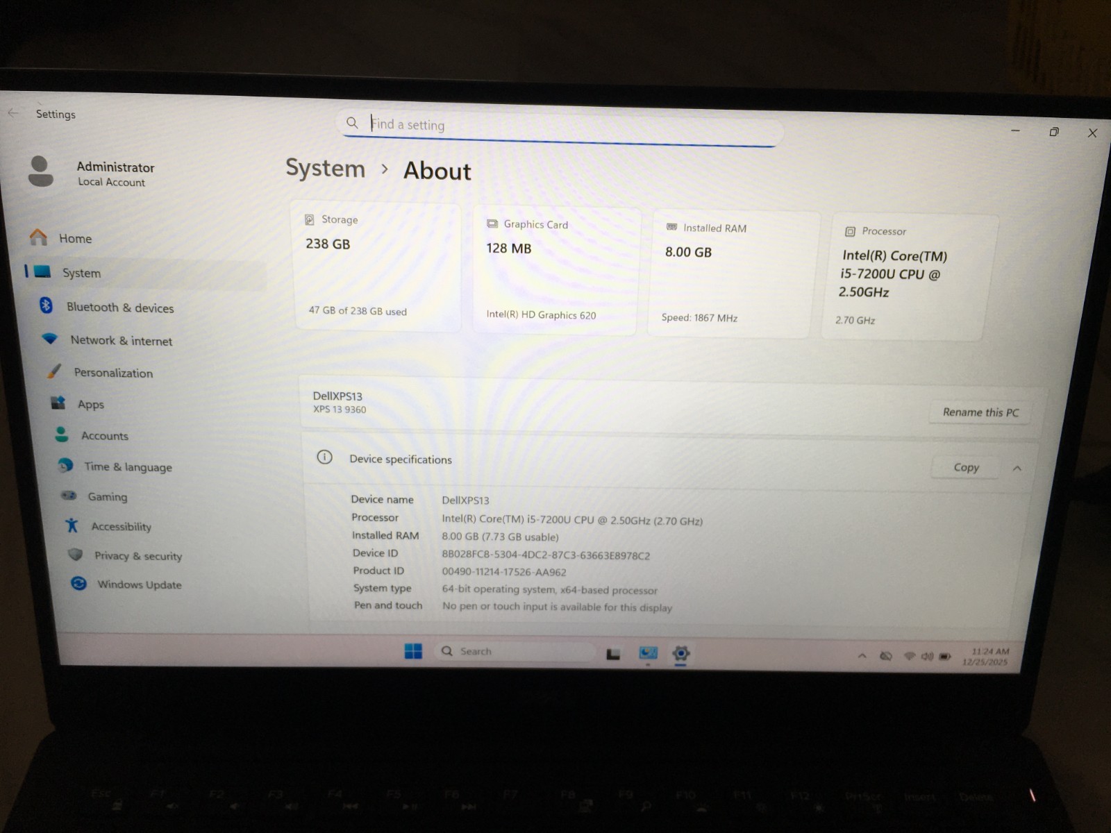 Dell XPS 13 Intel i5-7200U 2.5GHZ, 256GB NVMe, 8GB RAM, Win11 Office 2024