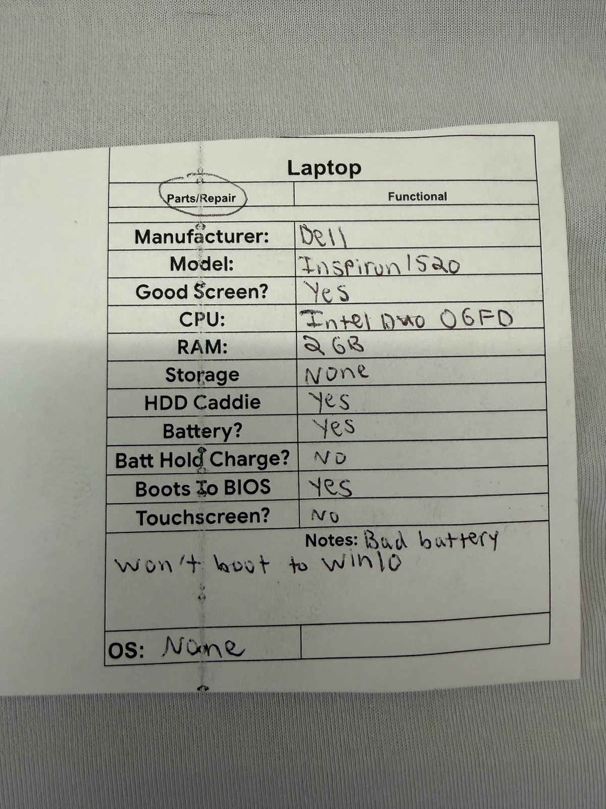 Dell Inspiron 1520 Laptop – Good Screen – Intel Duo 06FD – Read Desc
