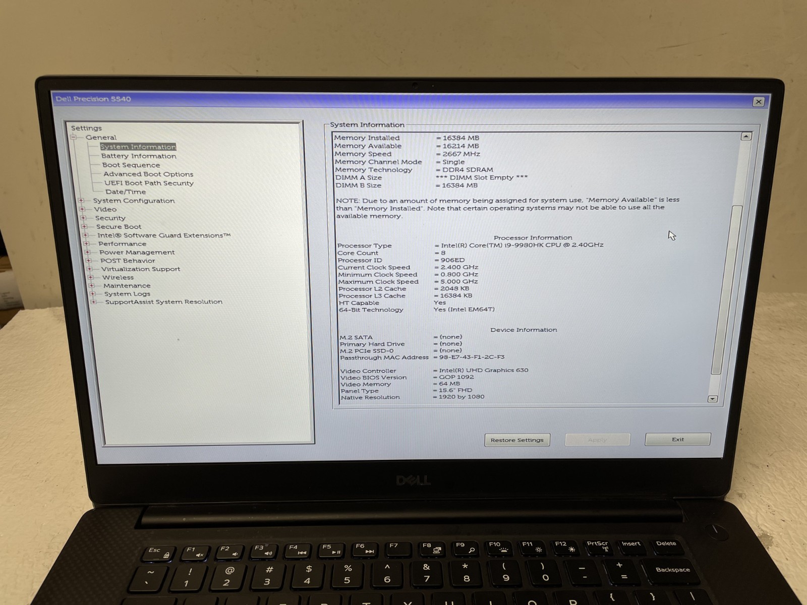 DELL Precision 5540 Intel Core i9-9980HK @2.40GHz 16GB RAM NO SSD Parts *READ