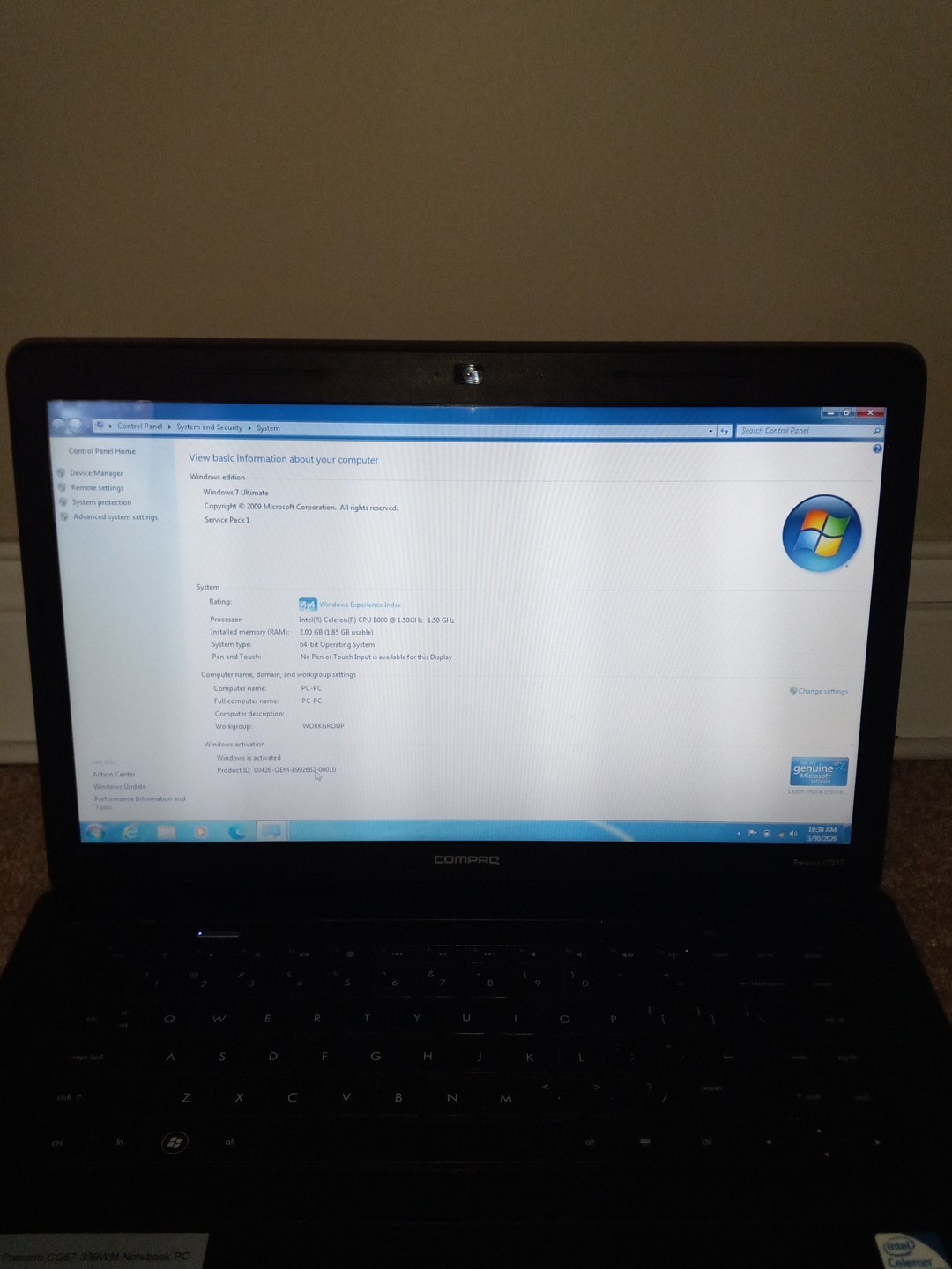 Compaq Presario CQ57 CQ57-339WM Intel Celeron B800 Laptop NO POWER CORD