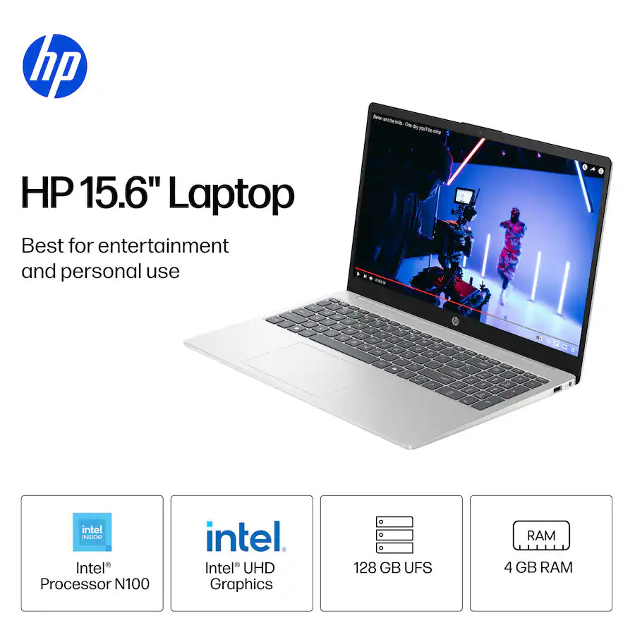 New HP 15.6″ HD Intel 4-Core N100 4GB 128GB UFS WiFi 1TB Cloud 1 Year Office 365
