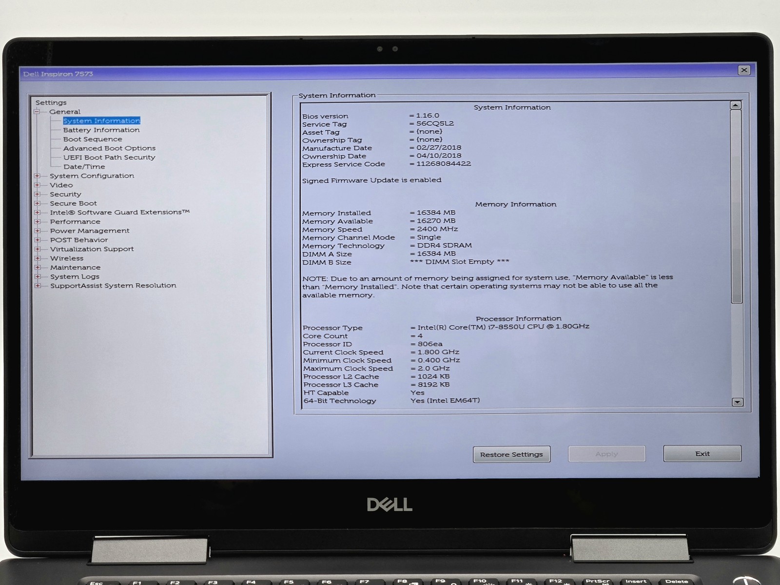 Dell Inspiron 7573 2-in-1 15 4K Touch I7-8550U 512GB SSD 16GB W11 GeForce MX130