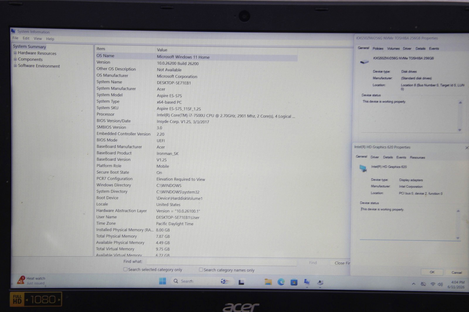 Acer Aspire E5-575 15.6″ Laptop i7-7500U 8 GB RAM 256 GB SSD Win 11 No Charger
