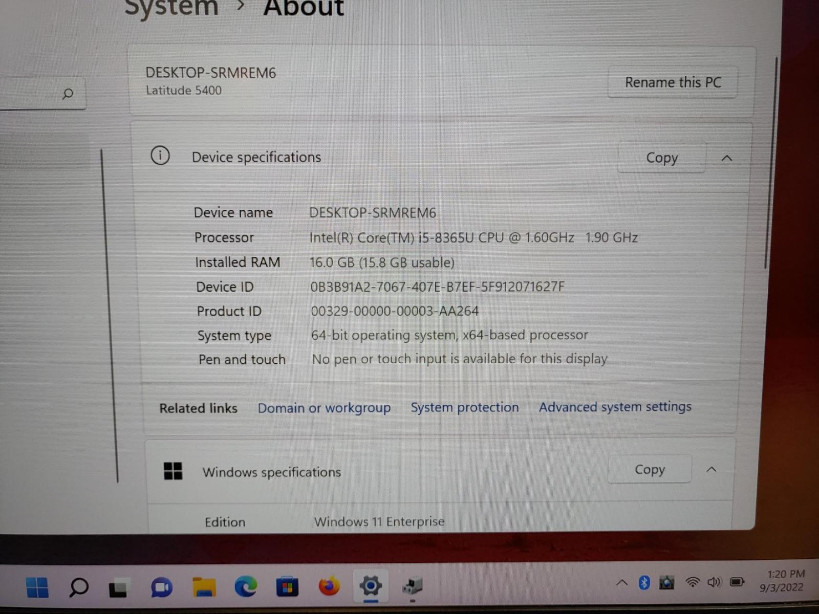 14″ Dell Latitude E5400 Intel i5-8365U 16GB 275GB SSD | Windows 11 Enterprise