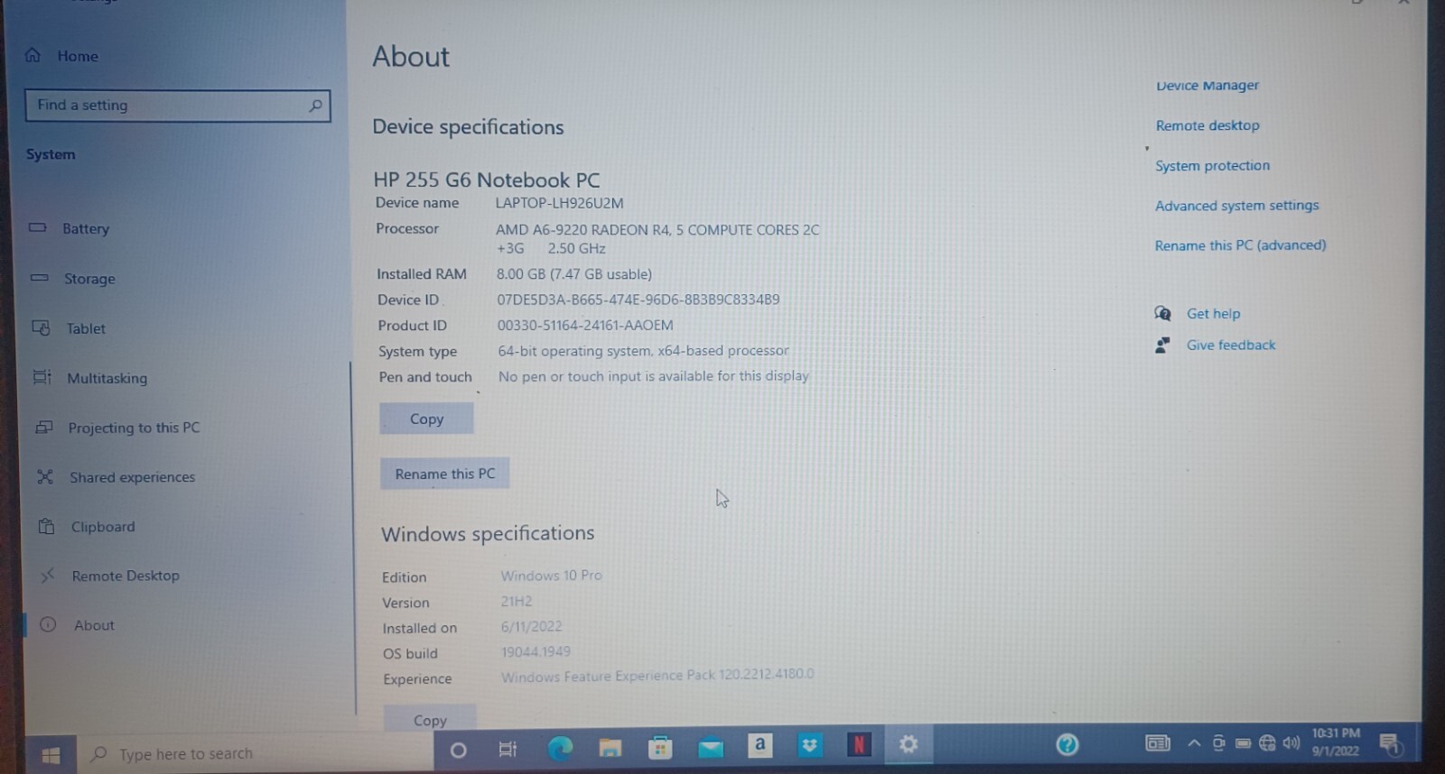 HP Probook 255 G6 – 8GB RAM, 256GB SSD, AMD A6 laptop